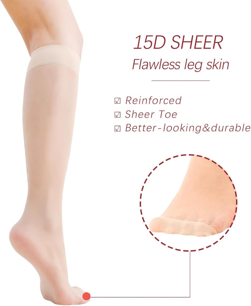 FeinYee 6 Pairs Knee High Stockings for Women, Elastic Fine Sheer Socks with Reinforced Toes 20 Denier Nylon One Size - Image 4